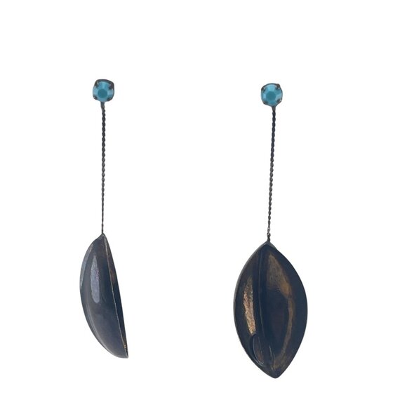 Vintage Style Long Dangle Earrings With Turquoise Studs & Bronze Leaf Design - Picture 7 of 9